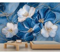 Murales de pared florales en relieve de 300 x 210 cm, diseño de flores azules y doradas, papel tapiz de mármol azul dorado para decoración de pared de dormitorio (no se pela y pega)