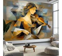 Murales de Pared Geometría Violín Niña Papel Tapiz, Cubismo Murales de Pared Decorativos para Sala de Estar y Dormitorio (220gsm Tela No Tejida Premium, 350 x 256 cm (W x H))