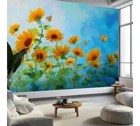Murales de Pared Girasoles de Acuarela Mariposas Papel Tapiz, Flores Vintage Murales de Pared Decorativos para Sala de Estar y Dormitorio (220gsm Tela No Tejida Premium, 250 x 175 cm (W x H))