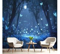Murales de Pared Mariposas Y Luciérnagas Papel Tapiz Bosque Mágico Papel Pintado de Seda Azul Fotomural Murales de Decorativos para Dormitorio, Salón, Oficina, Hotel 350x250cm
