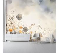 Murales De Pared No Tejidos Gris - Papel Tapiz Flores Y Hojas Sencillas Acuarela Para Sala De Estar Fondo De Tv Y Decoración De Habitación Infantil, Fácil De Instalar, 300 X 210 Cm
