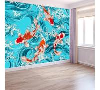 Murales de Pared Olas de Agua Peces Papel Tapiz, Estilo de Arte Japonés Murales de Pared Decorativos para Sala de Estar y Dormitorio (220gsm Tela No Tejida Premium, 400 x 280 cm (W x H))
