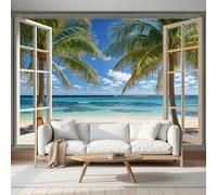Murales de Pared Playa Tropical, Papel Pintado Fotomurales Vista Minimalista Desde La Ventana de Decorativos del Hogar, para Salon Dormitorio Decoracion Pared, 350Anx256Al cm (No Autoadhesivo)