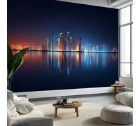 Murales de Pared Rascacielos Neón Papel Tapiz, Paisaje Urbano Murales de Pared Decorativos para Sala de Estar y Dormitorio (220gsm Tela No Tejida Premium, 350 x 256 cm (W x H))