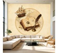 Murales de pared vintage náutico mapa antiguo barco pluma brújula | Papel tapiz autoadhesivo de tamaño personalizado, extraíble, grande, decoración de pared para sala de estar, dormitorio