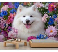 Murales de samoyedo, adorable papel tapiz blanco de samoyedo, flores coloridas, papel pintado Art Deco con estampado de animales, papel de pared para dormitorio, sala de estar, póster mural, 250 x 175