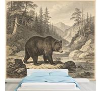 Murales de tamaño personalizado con grabado vintage, oso marrón, montaña, río, pino, bosque, obra de arte antigua, papel pintado autoadhesivo extraíble para dormitorio, sala de estar o comedor