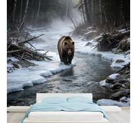 Murales de tamaño personalizado con oso marrón caminando sobre el río congelado, bosque de abedules nevados, papel tapiz autoadhesivo extraíble para dormitorio, sala de estar o comedor