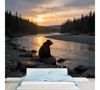 Murales de tamaño personalizado con oso marrón sentado junto al río, puesta de sol, paisaje salvaje, papel tapiz autoadhesivo extraíble para dormitorio, sala de estar, comedor