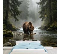 Murales de tamaño personalizado, oso marrón, agua potable en montaña brumosa, río, pino, bosque, paisaje, papel tapiz autoadhesivo extraíble para dormitorio, sala de estar y comedor