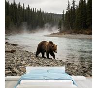 Murales de tamaño personalizado, oso marrón, orilla del río rocoso, coníferas brumosas, bosque, escena natural, papel tapiz autoadhesivo extraíble para dormitorio, sala de estar o comedor