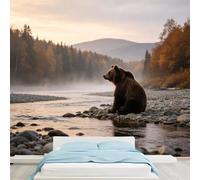 Murales de tamaño personalizado, oso marrón sentado en la orilla del río, otoño, montaña, bosque, amanecer, paisaje, papel tapiz autoadhesivo extraíble para dormitorio, sala de estar, comedor