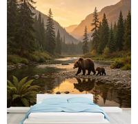 Murales de tamaño personalizado, oso marrón y cachorro cruzando montaña, río, puesta de sol, pino, bosque, paisaje, papel tapiz autoadhesivo extraíble para dormitorio, sala de estar o comedor