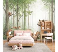Murales Decorativos Animales Del Bosque Bosque En Acuarela, 300Anx210Al cm Fotomurales Papel Pintado Tela de Seda, Papel Tapiz Fotográfico, Mural de Pared Verde claro para Dormitorio Infantil