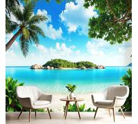 Murales Decorativos Azul-Verde Hojas Verdes En La Playa Papel Pintado Panorámico 300X210Cm Póster Gigante De Decoración Pared De Tv Paisaje Tropical Artes 3D Para Salón O Dormitorio Comedores