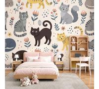 Murales Decorativos Gato Dibujado A Mano Sencillo Y Bonito, 200Anx140Al cm Fotomurales Papel Pintado Tela de Seda, Papel Tapiz Fotográfico, Mural de Pared Beige claro para Dormitorio Infantil