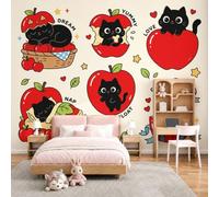 Murales Decorativos Gato Negro Frutal Ilustración De Dibujos Animados, 250Anx175Al cm Fotomurales Papel Pintado Tela de Seda, Papel Tapiz Fotográfico, Mural de Pared Rojo para Dormitorio Infantil