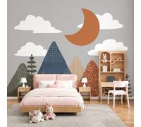Murales Decorativos Montañas Geométricas Paisaje Minimalista, 200Anx140Al cm Fotomurales Papel Pintado Tela de Seda, Papel Tapiz Fotográfico, Mural de Pared Gris claro para Dormitorio Infantil