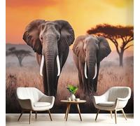 Murales Decorativos Naranja Negro Elefante Al Atardecer Papel Pintado Panorámico 300X210Cm Póster Gigante De Decoración Pared De Tv Animales De Pastizales Artes 3D Para Salón O Dormitorio Comedores