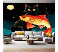 Murales Decorativos Pared Gato y Koi bajo la luna Papel Pintado 450x315 cm Póster Gigante de Pared Tejido no Tejido Papel de Parede Panorámico Dormitorios Salón Hotel Fondo de TV