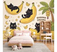 Murales Decorativos Plátanos Gato Negro Animales Divertidos, 400Anx280Al cm Fotomurales Papel Pintado Tela de Seda, Papel Tapiz Fotográfico, Mural de Pared Beige para Dormitorio Infantil