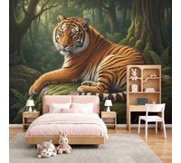Murales Decorativos Tigre De La Selva Animales Realistas, 200Anx140Al cm Fotomurales Papel Pintado Tela de Seda, Papel Tapiz Fotográfico, Mural de Pared Verde oscuro para Dormitorio Infantil
