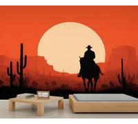 Murales del Oeste con Paisaje de Cactus y Atardecer en El Desierto Papel Pintado con Silueta de Vaquero para Paredes Ideal para Dormitorio Infantil Sala de Estar O Habitación de Niños 280 X 200 cm
