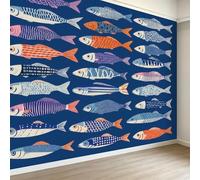 Murales fotográficos personalizados costeros, 300 x 210 cm, papel tapiz extraíble con diseño geométrico de animales del océano, peces coloridos, color azul oscuro, decoración del hogar, cubierta de