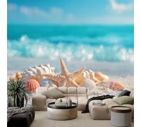 Murales Papel Pintado 3D Estrellas de mar y conchas en la playa 350x256 cm Fotomurales Póster No Tejido, Decoración Pared Papel Pintado Mural para Salon, Dormitorio, Oficina