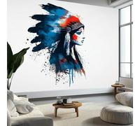 Murales Papel Pintado Acuarela Mujer Nativa Americana 400 x 280 cm Fotomurale Tejido No Tejido, Blanco Papel Tapiz Fotográfico para Salon Dormitorio Oficina Hotel Decorativos Murales