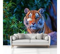 Murales Papel Pintado Animales Tigre 350 x 256 cm Fotomurale Tejido No Tejido, Verde Papel Tapiz Fotográfico, para Salon Dormitorio Oficina Hotel Decorativos Murales