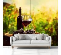 Murales Papel Pintado Estilo Campestre Viñedo Vino Tinto Barril Viejo 300 x 210 cm Fotomurale Tejido No Tejido, Verde Papel Tapiz Fotográfico, para Salon Dormitorio Oficina Hotel Decorativos Murales