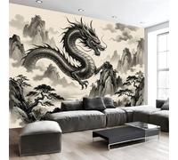 Murales Papel Pintado Fotográfico, 200X140Cm Grande Papel Pintado Con Beige Pintura A La Tinta De Un Dragón Paisaje - Estética China Fotografía Póster 3D Murales Decoración Para Dormitorio Salón