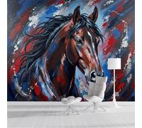 Murales Papel Pintado Fotográfico, 200X140Cm Grande Papel Pintado Graffiti Abstracto Caballo Negro, Animal Dibujado A Mano Fotomurales Póster 3D Murales Decoración Para Dormitorio Salón, Rojo Azul