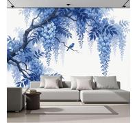 Murales Papel pintado fotográfico, 200x140cm Grande Papel pintado Seda Con Azul Patrón - Pintura oriental con tinta Pájaros y enredaderas moradas Fotografía Póster Efecto 3D Murales Decoración