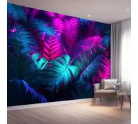 Murales Papel pintado fotográfico, 250 x 175 cm Grande Papel pintado No Tejido Con Azul Oscuro Patrón - Abstracto Neón Hojas Póster Efecto 3D Murales Decoración Para Dormitorio Salón
