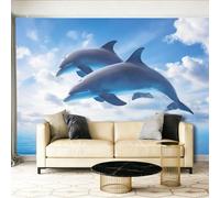 Murales Papel pintado fotográfico, 250 x 175 cm Grande Papel pintado No Tejido Con Azul Patrón - Animales Delfines Cielo Océano Póster Efecto 3D Murales Decoración Para Dormitorio Salón