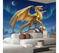 Murales Papel Pintado Fotográfico, 250X175Cm Grande Papel Pintado Con Azul Dragón Dorado Fantástico Montañas - Vista De La Aurora Fotografía Póster 3D Murales Decoración Para Dormitorio Salón