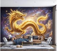 Murales Papel Pintado Fotográfico, 250X175Cm Grande Papel Pintado Dragón Dorado Oriental 3D, Universo Fantástico Fotomurales Póster 3D Murales Decoración Para Dormitorio Salón, Oro