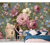 Murales Papel Pintado Fotográfico, 250X175Cm Grande Papel Pintado Pintura Al Óleo De Rosa Vintage, Jardín Nórdico Fotomurales Póster 3D Murales Decoración Para Dormitorio Salón, Verde Salvia