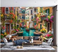Murales Papel pintado fotográfico, 250x175cm Grande Papel pintado Seda Con Amarillo Azul Patrón - Estilo de pintura al óleo impresionista Canales de Venecia Fotografía Póster