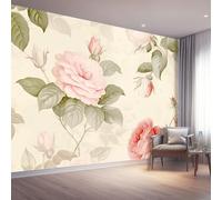 Murales Papel pintado fotográfico, 300 x 210 cm Grande Papel pintado No Tejido Con Beige Patrón - Vintage Plantas Rosas Póster Efecto 3D Murales Decoración Para Dormitorio Salón
