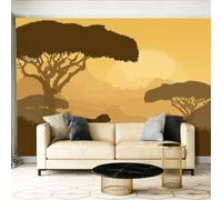 Murales Papel pintado fotográfico, 300 x 210 cm Grande Papel pintado No Tejido Con Marrón Claro Patrón - Retro Pradera León Árbol Grande Silueta Póster 3D Murales Decoración Para Dormitorio Salón