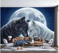Murales Papel Pintado Fotográfico, 300X210Cm Grande Papel Pintado Con Azul Profundo Misteriosa Pareja Lobos - Cielo Fantasía Por La Luna Fotografía Póster 3D Murales Decoración Para Dormitorio Salón