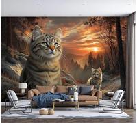 Murales Papel Pintado Fotográfico, 300X210Cm Grande Papel Pintado Con Naranja Quemado Gato Sendero Del Bosque - Vista Del Atardecer Fotografía Póster 3D Murales Decoración Para Dormitorio Salón