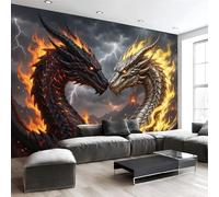 Murales Papel Pintado Fotográfico, 300X210Cm Grande Papel Pintado Con Oro Negro Fantasía Fuego Dragón - Animales De Caza Fotografía Póster 3D Murales Decoración Para Dormitorio Salón