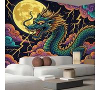 Murales Papel Pintado Fotográfico, 300X210Cm Grande Papel Pintado Con Verde Oscuro Tradicional Relámpago Dragón - Animales Chinos Luna Fotografía Póster 3D Murales Decoración Para Dormitorio Salón