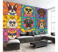 Murales Papel Pintado Fotográfico, 300X210Cm Grande Papel Pintado Divertido Tablero Ajedrez Perro, Mosaico Animales Fotomurales Póster 3D Murales Decoración Para Dormitorio Salón, Azul Verdoso