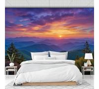 Murales Papel Pintado Fotográfico, 300X210Cm Grande Papel Pintado Montañas Naturalmente Brumosas, Paisaje Al Atardecer Fotomurales Póster 3D Murales Decoración Para Dormitorio Salón, Púrpura