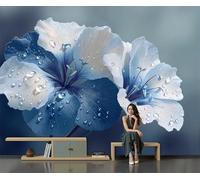 Murales Papel pintado fotográfico, 300x210cm Grande Papel pintado Seda Con Azul Patrón - Flores frescas Flores con gotas de agua Fotografía Póster Efecto 3D Murales Decoración Para Dormitorio Salón